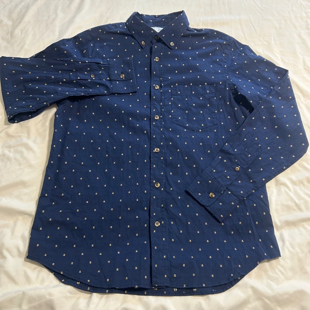Old Navy Mens Everyday Shirt Regular Fit Navy Blue Dobby Long Sleeve Small - Picture 2 of 10